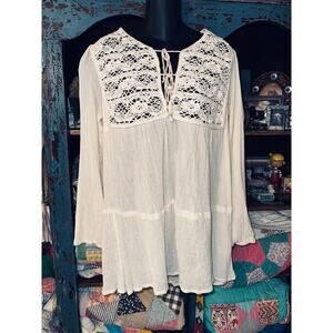 NEW BLUE HIPPY COTTON GAUZE LACE INSET TUNIC TOP M/L COTTAGECORE BOHO